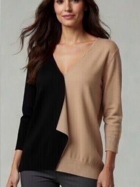 NWT New York & Company Black & Camel Colorblock V-Neck 3/4 Sleeve Sweater Sz XL